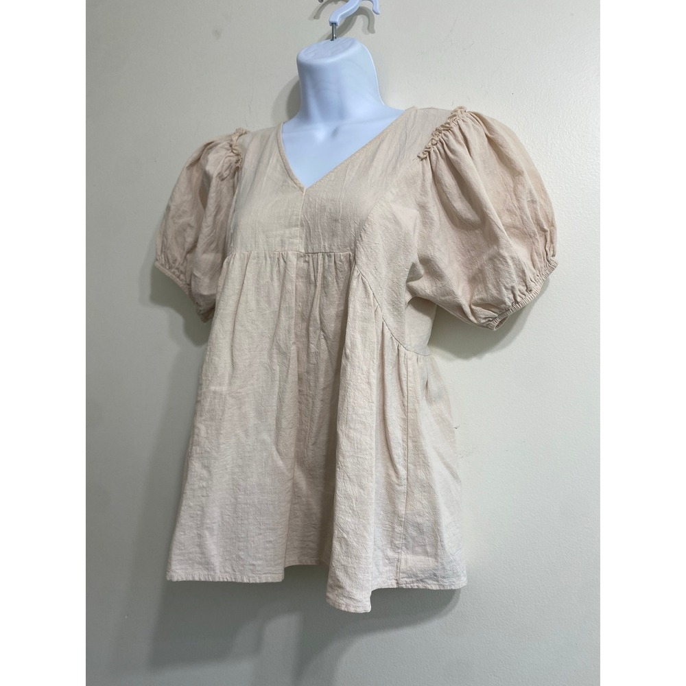 Cottagecore Andree by Unit Womens Small Beige Cotton Puff Sleeve‎ Babydoll Top